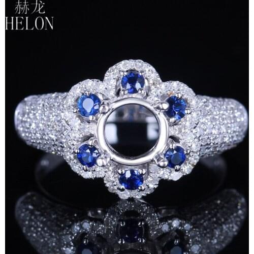 HELON 5.5-6.75mm Round Cut Solid 14k White Gold AU585 H/SI 0.9ct Natural Diamonds Sapphires Semi Mount Engagement Wedding Ring