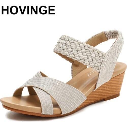 HOVINGE Womens Shoes with Slope Heel Summer Open Toe Large Size Comfortable and Fashionable Womens Ladies Woven Roman Shoes
