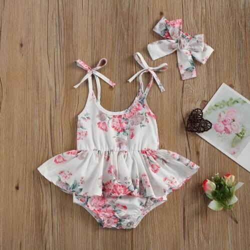 2Pcs Baby Summer Clothes Floral Print Sling Dress Romper + Bow Hairband Suit for Toddlers Girls 0-24 Months