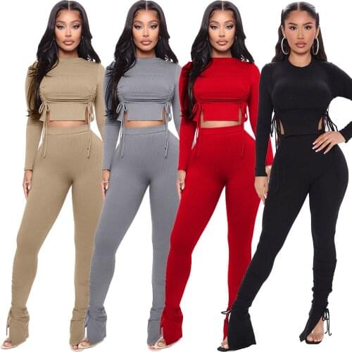 Elastic Hight Ruched Drawstring 2 Piece Matching Sets Womens Costume Long Sleeve Ribbed Crop Top & Stacked Sweatpant Sweatsuits