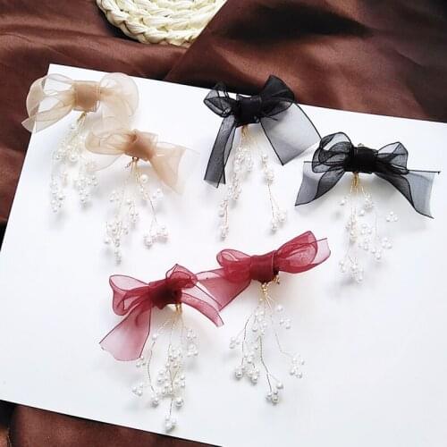 Simulated-pearl Trendy Geometric Women Dangle Earrings Lace Bow Knot Tie Earrings Wedding Fairy Long Screen Bow Eardrop
