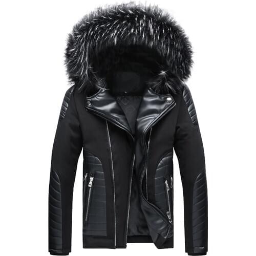 Mens Leather Jacket Winter Coat Street Fashion Casual Wear Cotton Patchwork Zipper Jacket Motorcycle Jackets For Men Hooded
