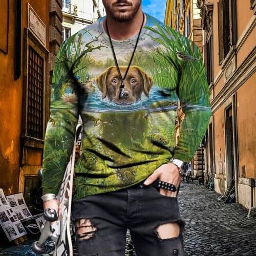 3D mens long sleeves Europe and the United States four seasons leisure loose round neck animal element printing plus size long
