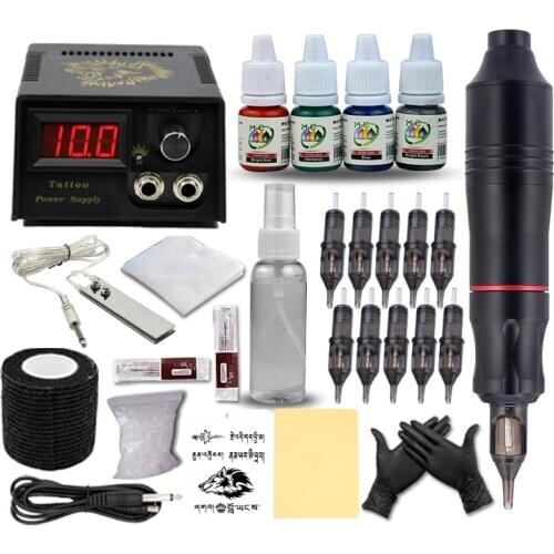 Complete Tattoo Kits Rotary Pen 4 Colors Immortal Tattoo machine Gun Inks Set LCD Power Equipment Supplies