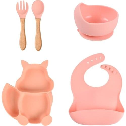 Null 5 Pcs Baby Silicone Bibs Squirrel Divided Dinner Plate Sucker Bowl Spoon Fork Set Training Feeding Food Utensil Dishes