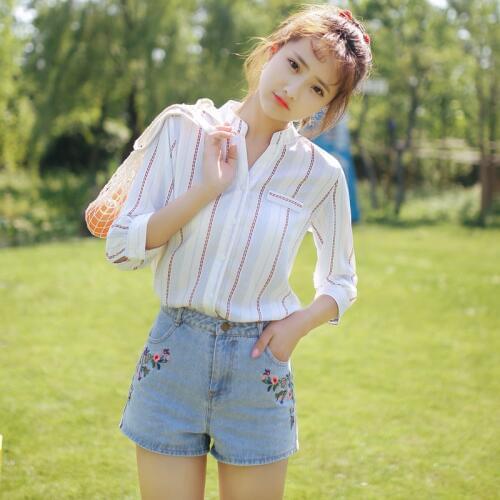 Autumn Girls Chiffon Shirt Korean V Collar Seven Quarter Sleeve Striped Blouse Student Leisure Summer Loose Cute Women Top H9131
