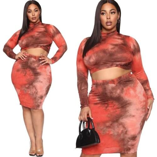Plus Size Womens 1XL-5XL Tie-dye Printing Tight-fitting Hip Sexy Suit Plus Size Womens Two-piece Suit