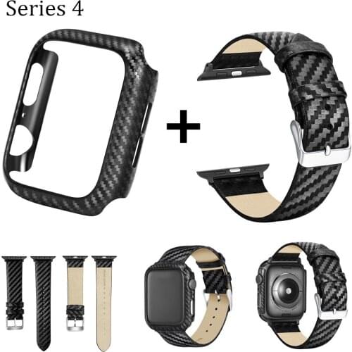 For Apple Watch iWatch Band 40mm 44mm Carbon Fiber Sport Wrist Leather Bracelet Replacement Strap+Watch Case for Apple Watch 4 5