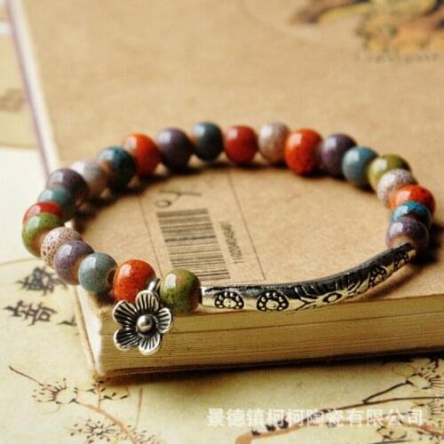 Retro Ethnic Ceramic Bracelet Jewelry Glaze Beads Multicolor Flower Bracelet Bangles Gifts