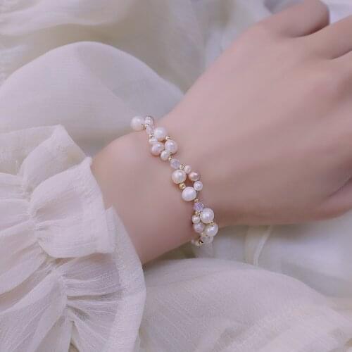 Luxury 14k Gold Natural Freshwater Pearl Bracelet Exquisite Crystal Noble Temperament Wedding Bridal Accessories Ladies Gift