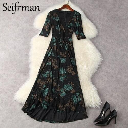 Seifrmann New 2021 Summer Women Fashion Runway Party Maxi Dress Sexy V-Neck High Waist Elegant Slim Asymmetrical Dress Vestidos