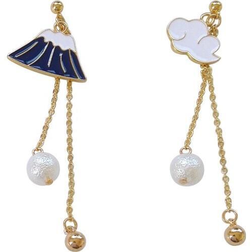 Japan Threader Pearl White Cloud Clip Earrings Without Piercing Long Chain Rope Blue Mountain fuji San Clips Earrings No Pierced