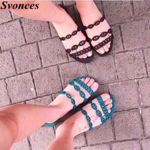 Chic Women Shoes Chain Designer Slippers Sandals Street Style Flat Jelly Slides Summer Shoes Woman Slides Beach Sandals Green