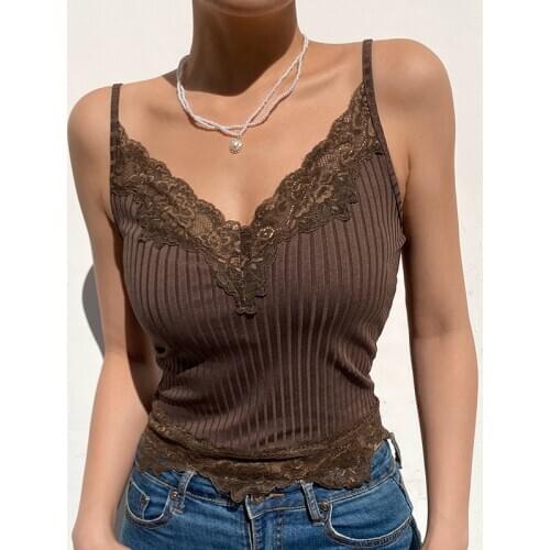 Ribbed Lace Patchwork Brown Y2K Crop Cami Top for Women Kawaii Girls Vintage 2000s Aesthetic Spaghetti Strap Y2K Camisole Tops