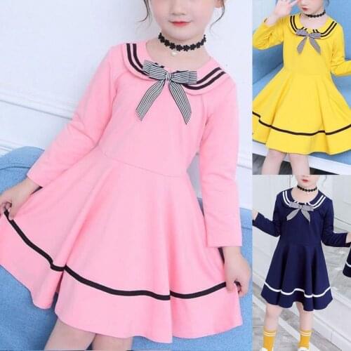 Spring Autumn Girl Dress 5-9T Round Neck Bowknot Pleated Children Kids Long Sleeve Casual Dresses Girls Clothing for Daily Life