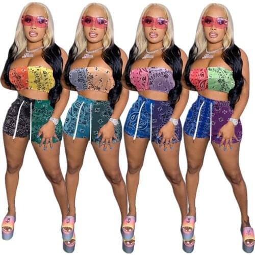 Vintage Floral Print Short 2 Piece Outfits Summer Women Sexy Off the Shoulder Tube Crop Top + Drawstring Shorts Two Piece Set