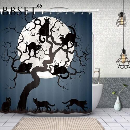 Halloween Shower Curtain Black Cats on Tree In Night with Full Moon Pattern Waterproof Multi-size Cortina De Bano Bathroom Decor