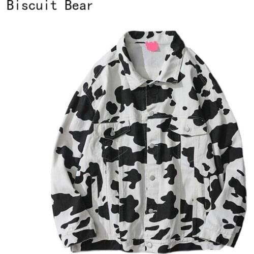 2021 Spring Womens Jacket Cow Print Jean Jacket BF Harajuku Denim Jacket Loose Womens Big Jacket Cartoons Jackets Girls