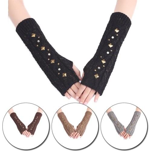 Arm Warm Rivet Glove Driving Gloves Ladys Warm Knitted Long Gloves Women Autumn Winter Knitted Fingerless Gloves Half Finger