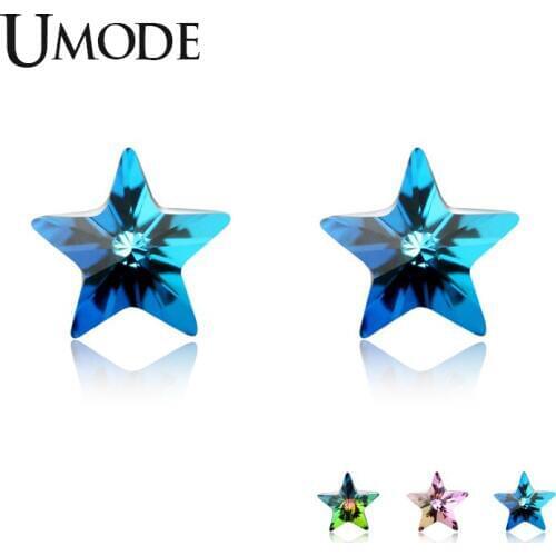 UMODE New Star Green&Blue&Purple Crystal 925 Sterling Silver Stud Earrings for Women White Gold Pentagram Jewelry ALE0509