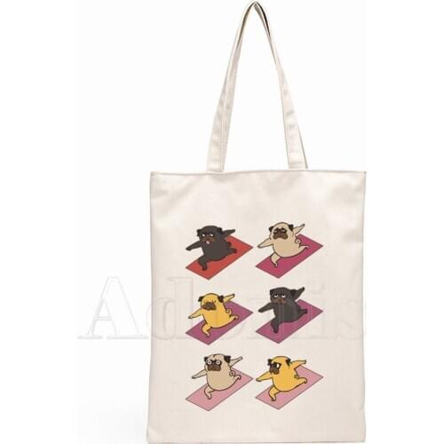 Yoga Pug Dog Ladies Handbags Cloth Canvas Tote Bag Shopping Travel Women Eco Reusable Shoulder Bags Bolsas De Tela