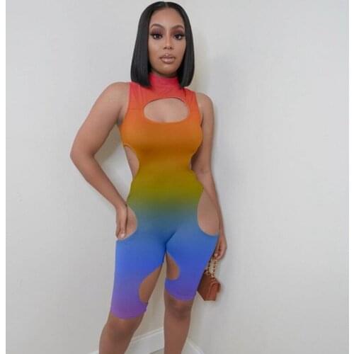 Tie Dye Printed Rompers Playsuits Summer Beach Sleeveless Sexy Club Outfits for Women Club Hollow Out Shorts Bodycon Jumpsuit
