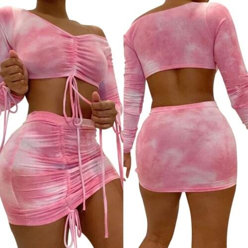 Women 2 Piece Set Sexy Long Sleeve Off Shoulder Drawstring Bodycon Lace-up Bandage Top And Skirt Sets