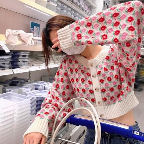 Women’s Button Down Knit Sweater, Long Sleeve Round Neck Floral Print Cropped Cardigan