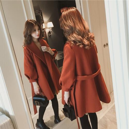 Autumn Winter Woolen Coats Women 2020 Korean Thick Warm Lapel Loose Lantern Long Sleeve Sashes Woolen Cardigans Outerwear Female