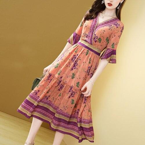 100% Genuine Silk Female High Waist Dress Womens Summer Dress 2021 Slim Midi Dress Ladies Boho Dress Vestidos Zjt2529