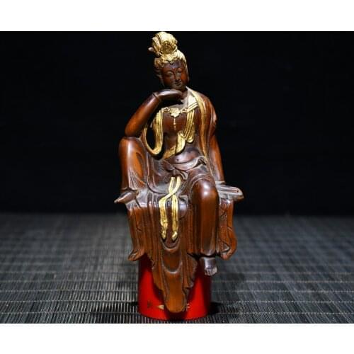 5"China Lucky Old Boxwood Gilt Hand-carved Free Avalokitesvara Guanyin Bodhisattva Sitting Buddha Office Ornaments Town House