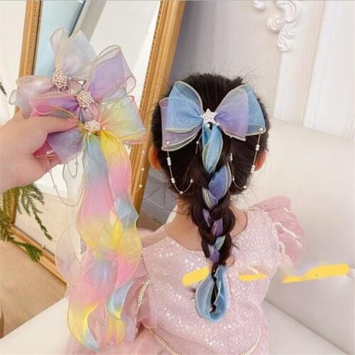 Girls Hair Accessories Bows Hairpins Braided Headdress Ponytails Ribbions Rainbow Candy Color Streamer Hair Clip Kids Barrette