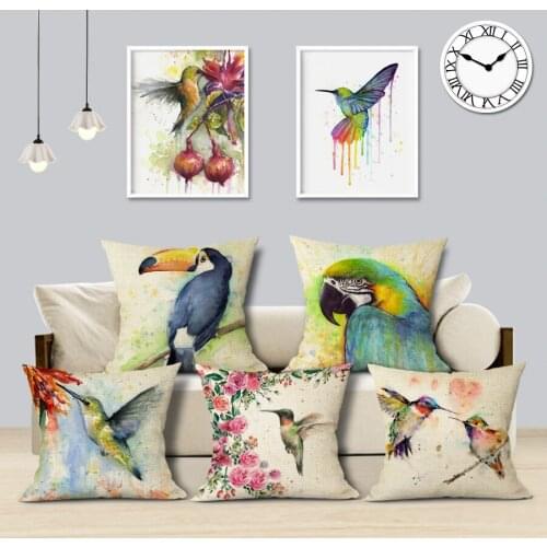 Watercolor Bird Cushion Cover Stylish Parrot Hummingbird Decorative Pillows Linen Square Home Cojines Decorativos Para Sof
