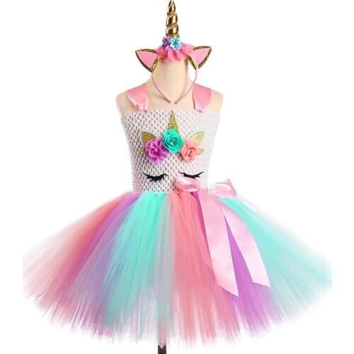 Flower Pastel Unicorn Kids Dresses for Girls Tutu Fancy Dress Princess Costume Cosplay Party for Children Clothes Set Outfits