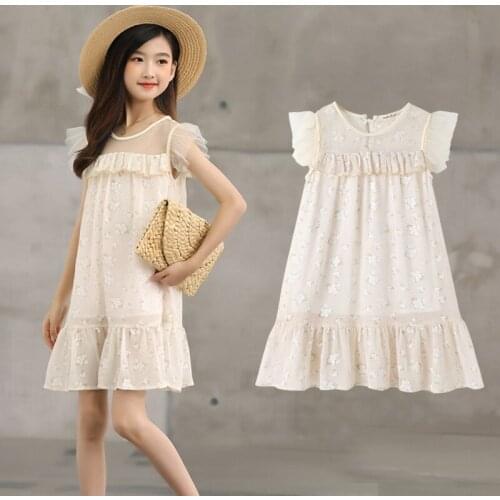 Childrens skirt chiffon dress for girls in summer. New stitching gauze skirt. Short sleeve. Big childrens floral skirt sweet