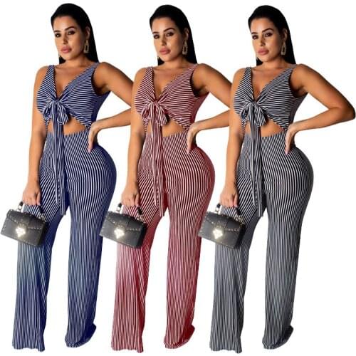European and American Middle-waisted Bodysuits Sexy Wide Leg Type Fashion Striped Printing Womens Wear Jumpsuits