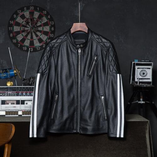 Leather Jacket Men 100% Cowhide White Stripes Man Skin Coat Motorcycle Biker Clothing Autumn Asian Size Wholesale Drop Shipping