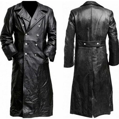 Man Top Quality Winter Buttons Vintage PU Leather Jacket Long Trench Mens Business Outerwear Fashion Premium Officer Coat Black