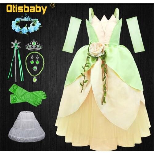 Christmas Girls Princess Tiana Dress Up Evening Party Green Elegant Pageant Ball Gown Fancy Fairy Infant Birthday Fluffy Dresses
