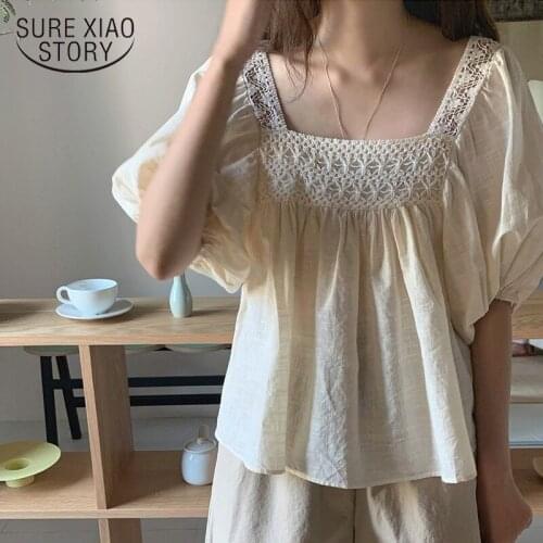 Summer New 2021 Hollow Crochet Bubble Sleeve Square Collar Doll Shirt Korean Loose Apricot Top Plus Size Women Blusa Mujer 14060