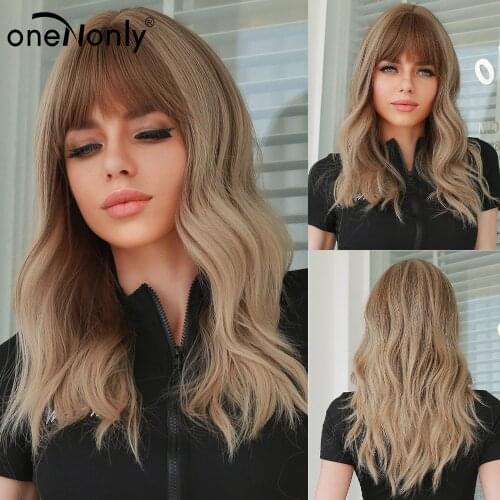 OneNonly Long Brown Blonde Synthetic Wigs with Bangs Natural Wave Hairstyle for Women Cosplay Party Heat Resistant Fiber