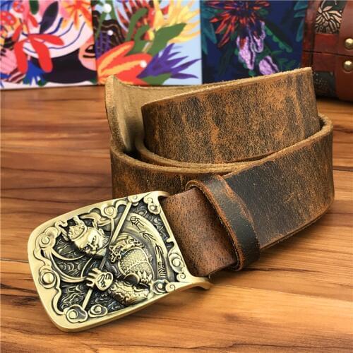 Solid Brass Monkey Belt Buckle Yellow Belt Leather Ceinture Mens Belt Cowboy Jeans Belt Male Strap Wide Belts For Men MBT0594
