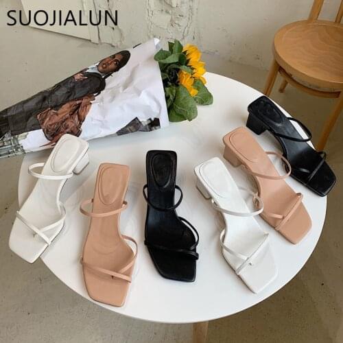 SUOJIALUN 2021 Summer Women Sandal Square Low Heel Slippers Slip On Beach Slides Brand Narrow Brand Sandal Big Size 41 Flip Flop