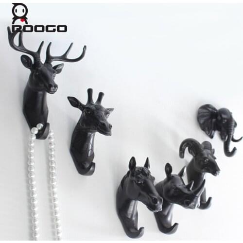 Roogo Hanger Key Holder Wall Deer Head Room Decoration Wall Hook Black Annimal Home Decoration Accessories Wall Coat Rack Resin