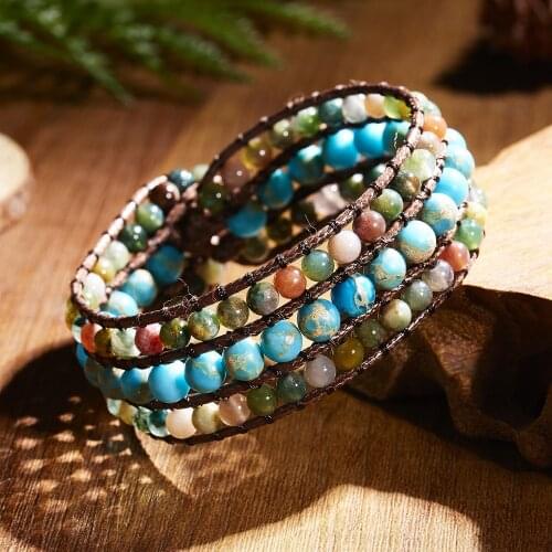 Hot Sale Vintage Leather Bracelets For Men Women Lovers Matte Stone 3 Strands Wrap Woven Multilayer Boho Handmade 2021 Jewelry