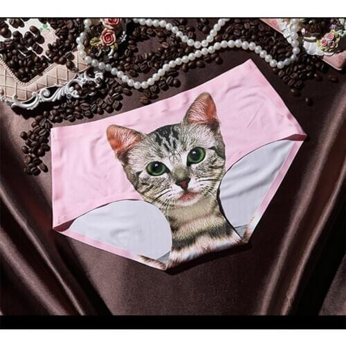 Lovely 3D Women Girls Kitty Cat Ice Silk Print Sexy Briefs Safety Seamless Underpants