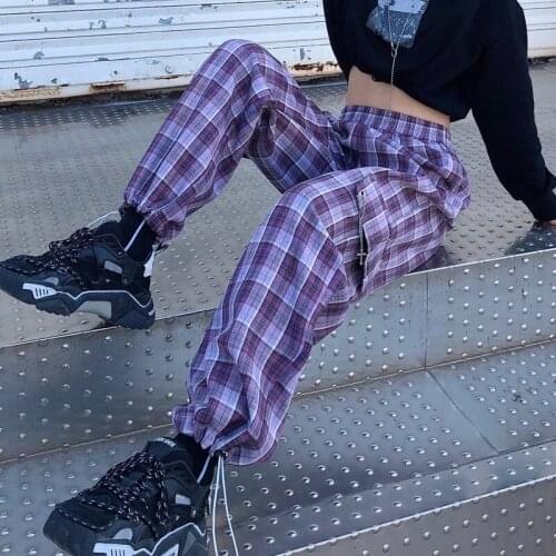 Purple Check Cargo Pants Womens Y2K Aesthetic Check Pants Korean Fashion Summer 2021 Harajuku Wide Gothic Pants
