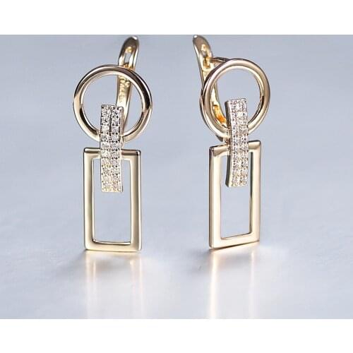 Fashion Earrings for Women Girl 585 Rose Gold CZ Rectangle Circle Drop Dangle Rhinestone CZ Earrings Female Jewelry Gifts DGE348