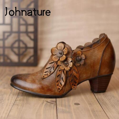 Johnature High Heels Genuine Leather Pumps Women Shoes 2021 New Autumn Zip Retro Casual Round Toe Flower Handmade Ladies Shoes