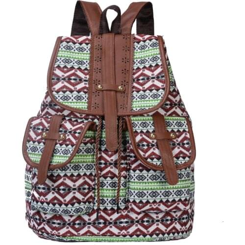 Fashion Ladies Retro Printed Canvas School Bag Large Capacity Drawstring Design Travel Shopping Backpack For Women